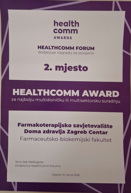 Naše Farmakoterapijsko savjetovalište osvojilo je 2. mjesto na HealthComm Award 2026